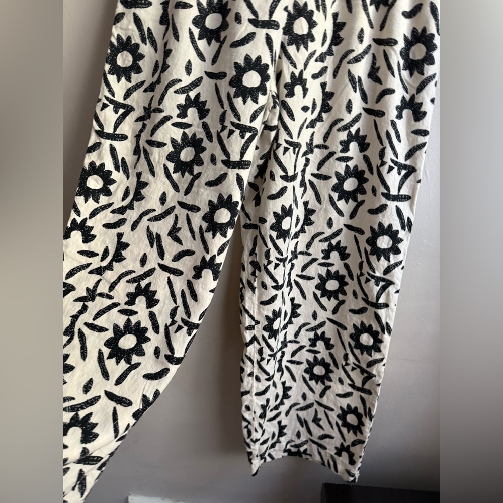 Christian Siriano NY Linen Blend Floral Wide Leg Pants Black White Size M - Picture 3 of 6